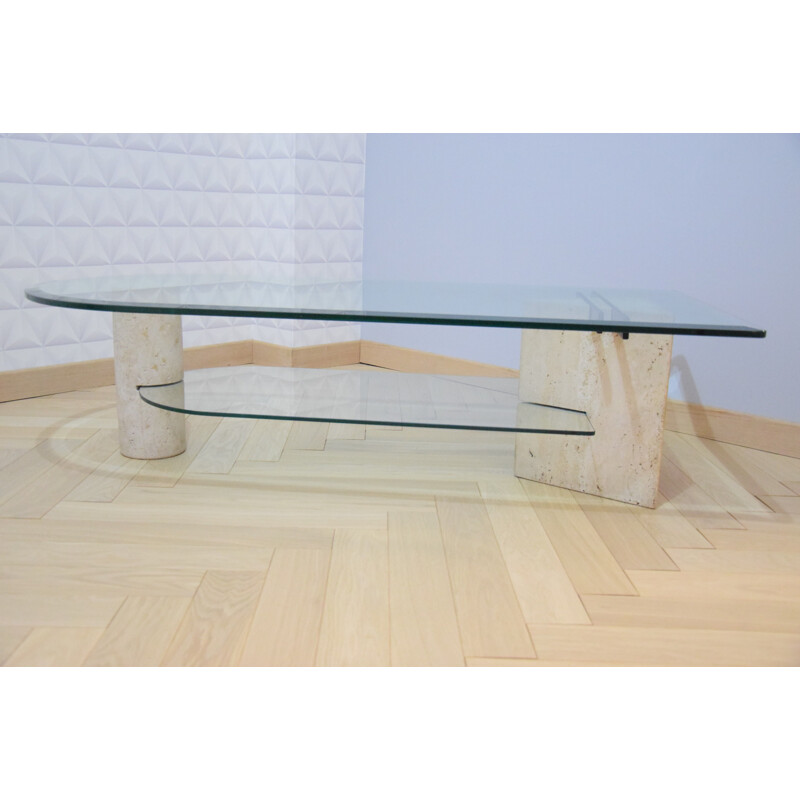 Vintage French coffee table in glass and travertine