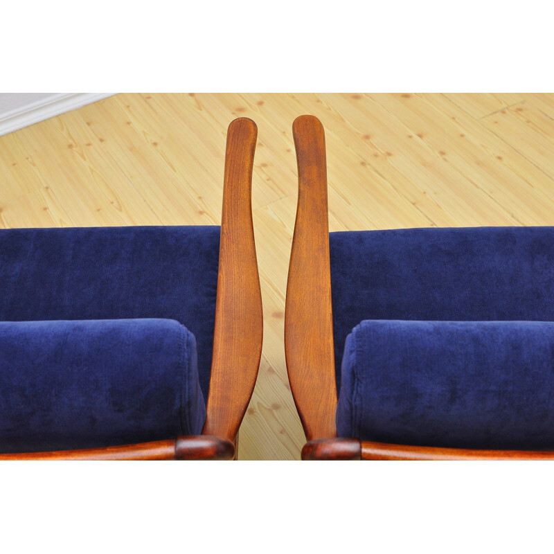 Set of 2 blue armchairs in beechwood