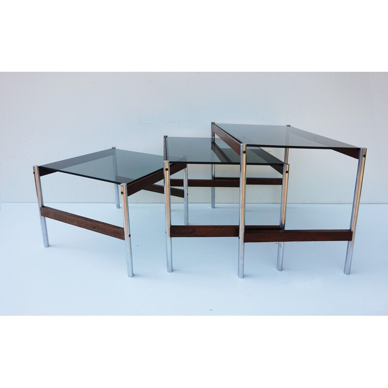 Set of 3 vintage Dutch nesting tables in wengé and steel by Fristho