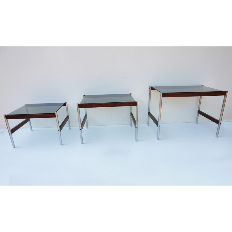 Set of 3 vintage Dutch nesting tables in wengé and steel by Fristho