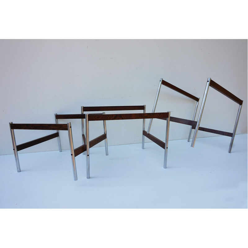 Set of 3 vintage Dutch nesting tables in wengé and steel by Fristho