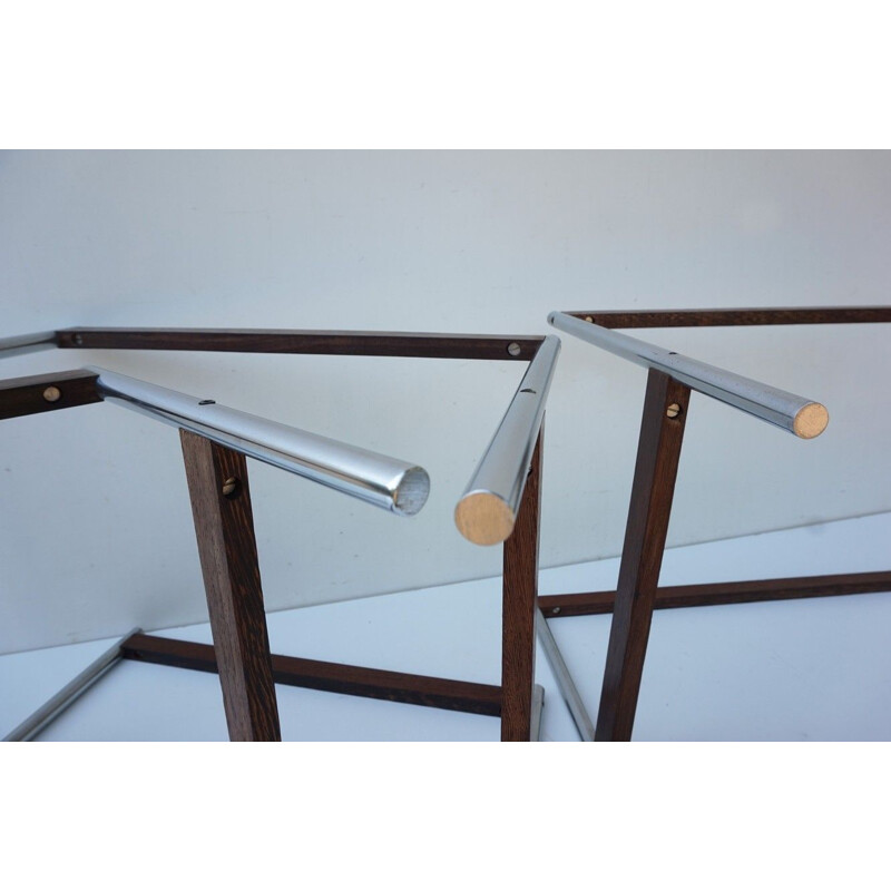 Set of 3 vintage Dutch nesting tables in wengé and steel by Fristho