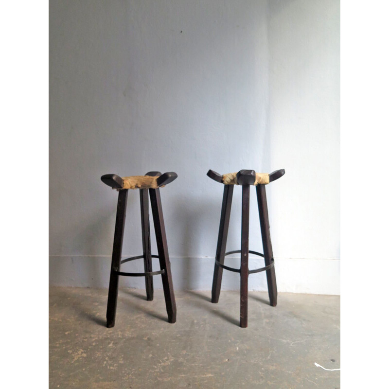 Vintage set of 2 high stool with cow leather seat