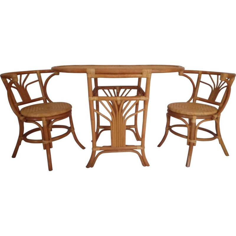 Set of 2 vintage chairs and table in rattan