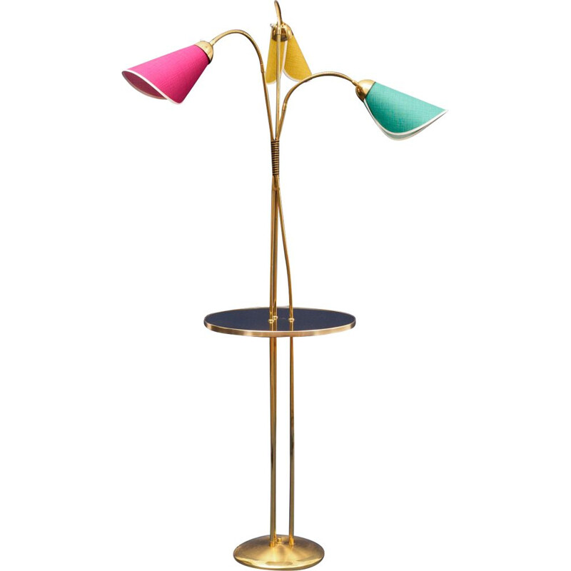 Vintage German floor lamp in brass and colored lampshades