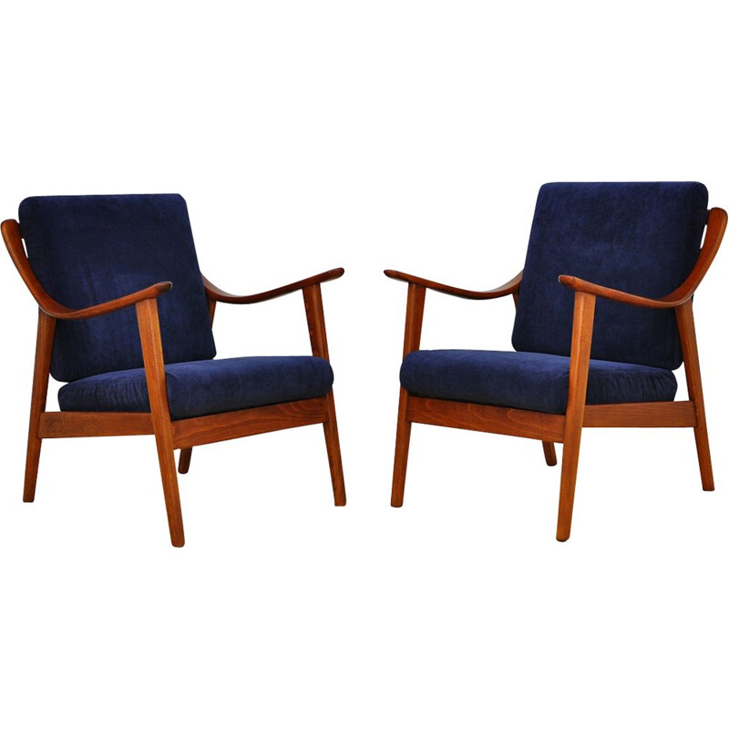 Set of 2 blue armchairs in beechwood