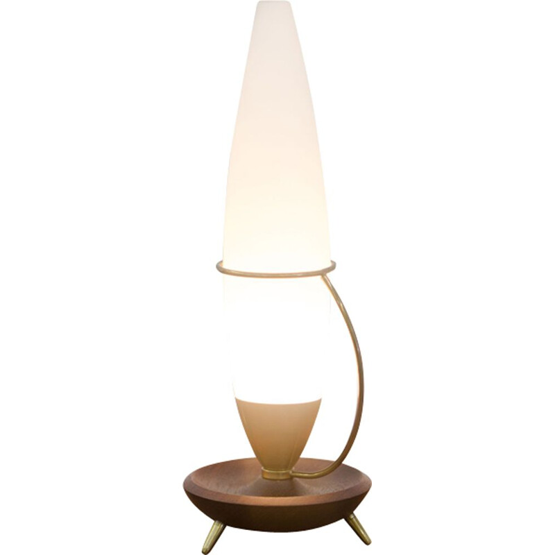 Lampe de table vintage hollandais en laiton, teck et verre
