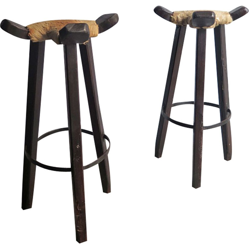 Vintage set of 2 high stool with cow leather seat