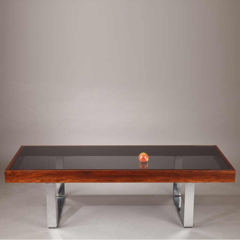 Coffee table in rosewood, smoked glass and metal - 1970s