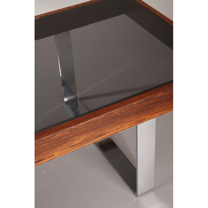 Coffee table in rosewood, smoked glass and metal - 1970s