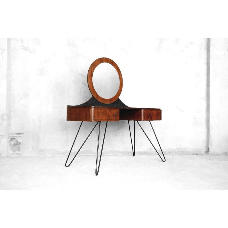 Vintage dressing table in walnut with round mirror