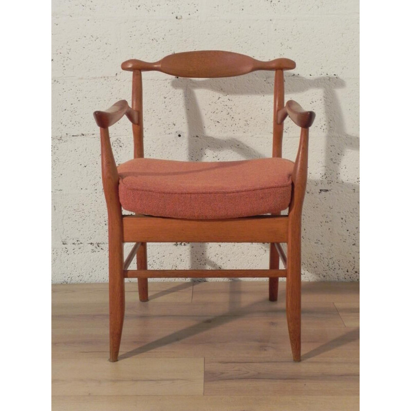 Paire de fauteuils bridge modèle Fumay en chêne et tissu rose, Robert GUILLERME et Jacques CHAMBRON - 1970