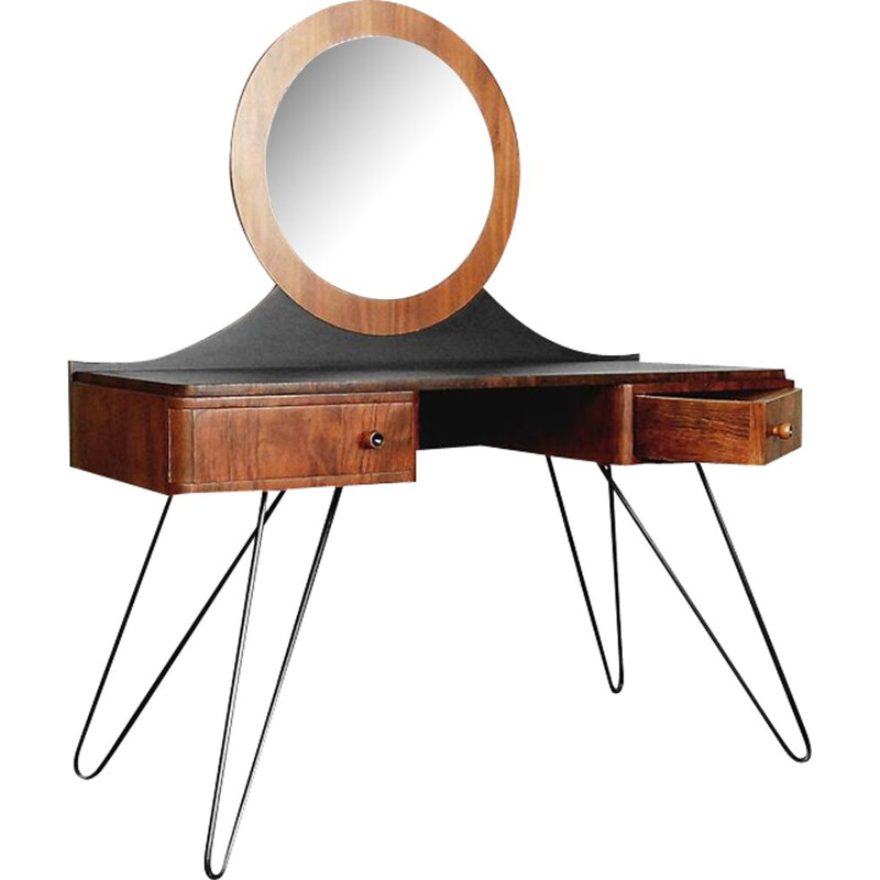 Vintage dressing table in walnut with round mirror