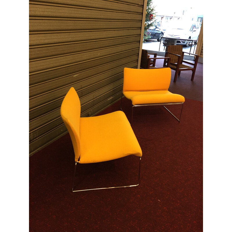 Pair of low chairs in chrome steel and yellow fabric - 1980s