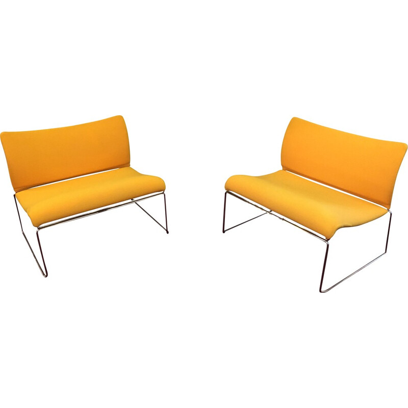 Pair of low chairs in chrome steel and yellow fabric - 1980s