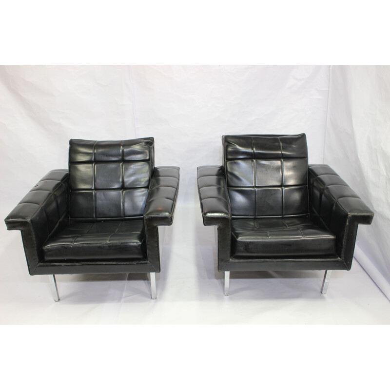 Vintage set of 2 armchairs in leather and chrome metal 