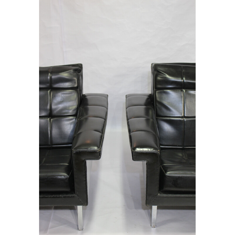Vintage set of 2 armchairs in leather and chrome metal 