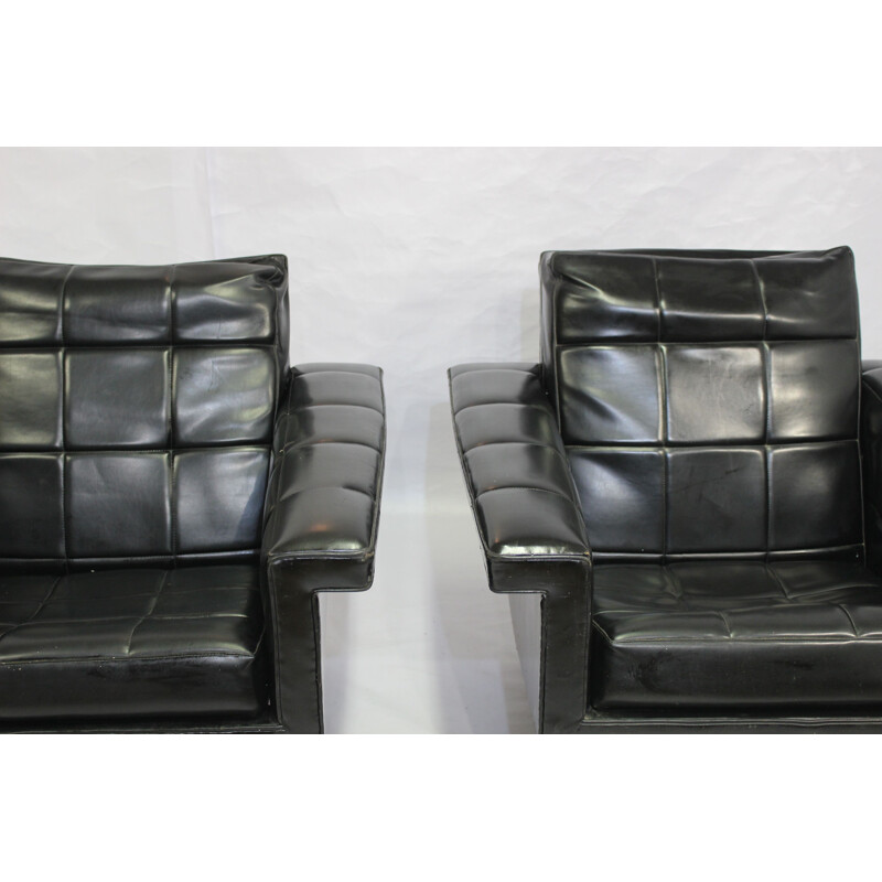 Vintage set of 2 armchairs in leather and chrome metal 