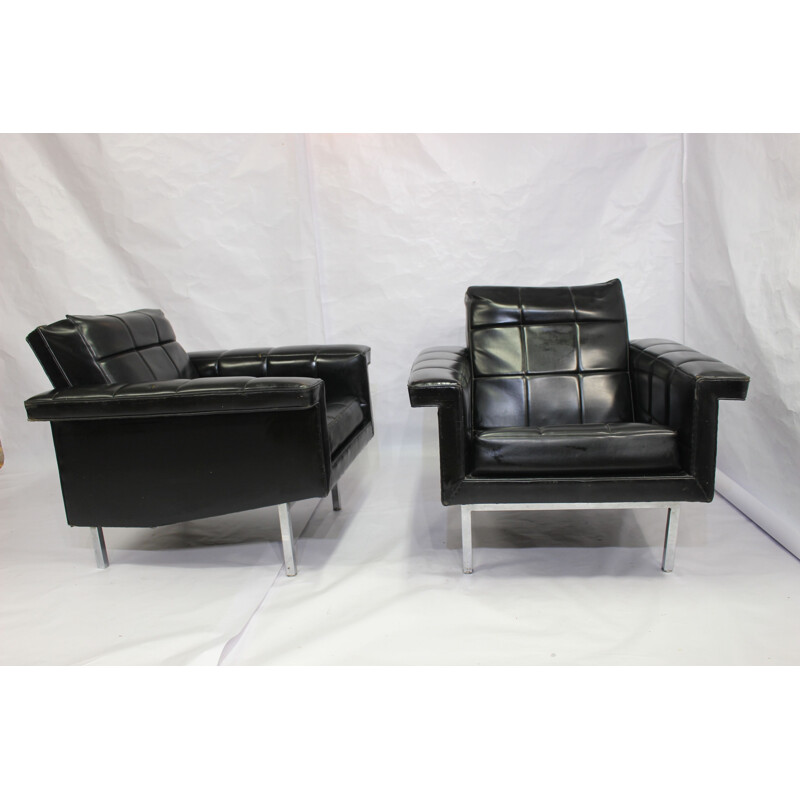 Vintage set of 2 armchairs in leather and chrome metal 