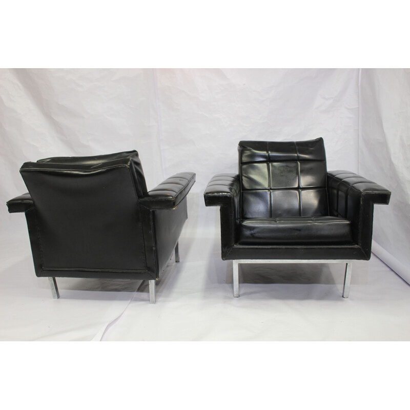 Vintage set of 2 armchairs in leather and chrome metal 