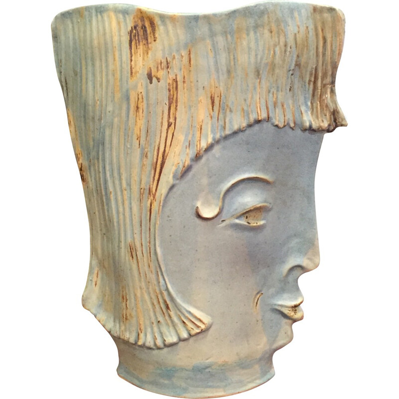 Anthropomorphic vase in enamelled blue ceramic- 1990s