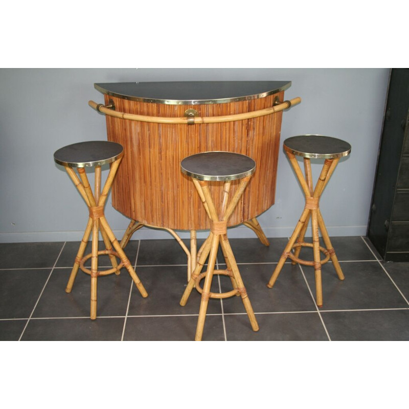 Vintage bar and set of 3 stools in rattan