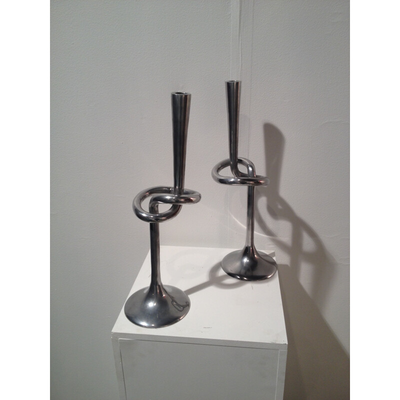 Pair of vintage candlesticks in cast aluminum - 1970s