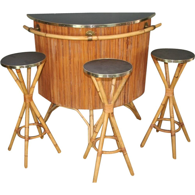 Bar et suite de 3 tabourets vintage en rotin