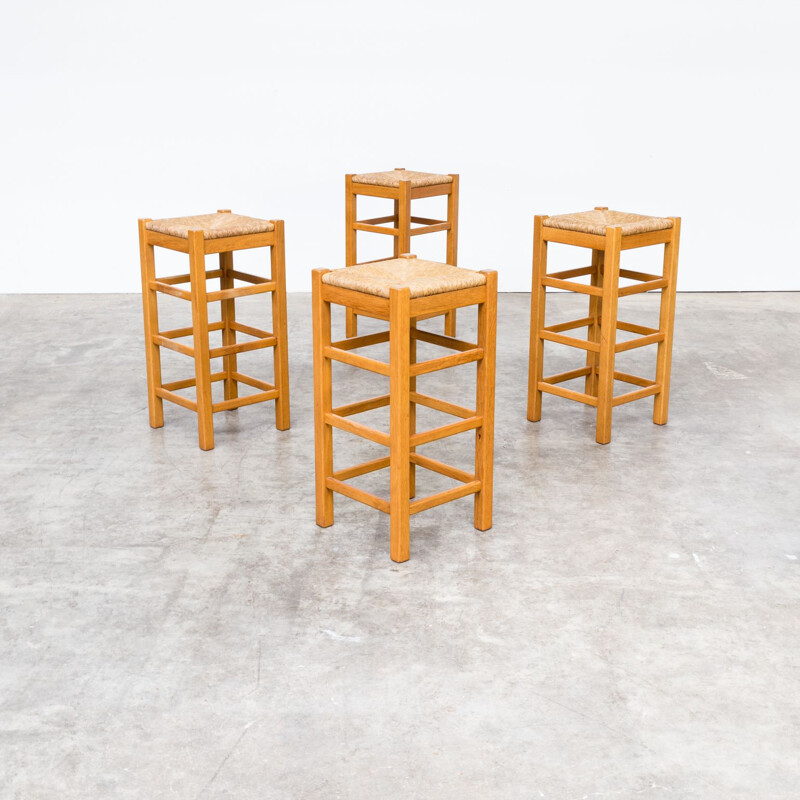 Set of 4 vintage stools in oak with wicker seat