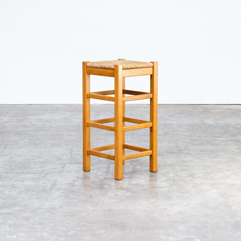 Set of 4 vintage stools in oak with wicker seat