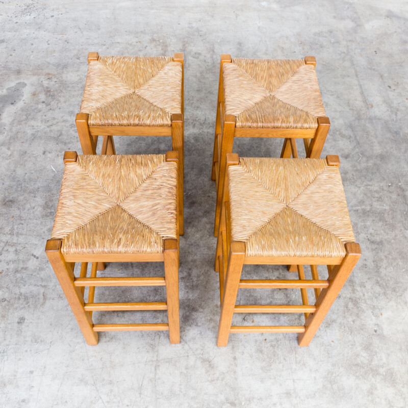 Set of 4 vintage stools in oak with wicker seat
