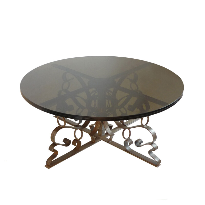 Vintage round coffee table in forged steel and smoked glass