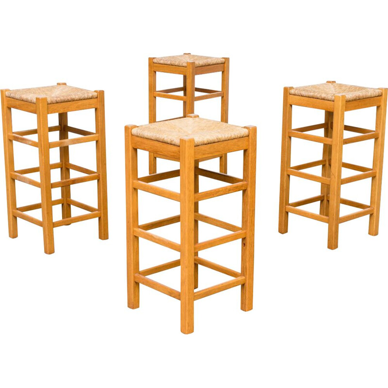 Set of 4 vintage stools in oak with wicker seat