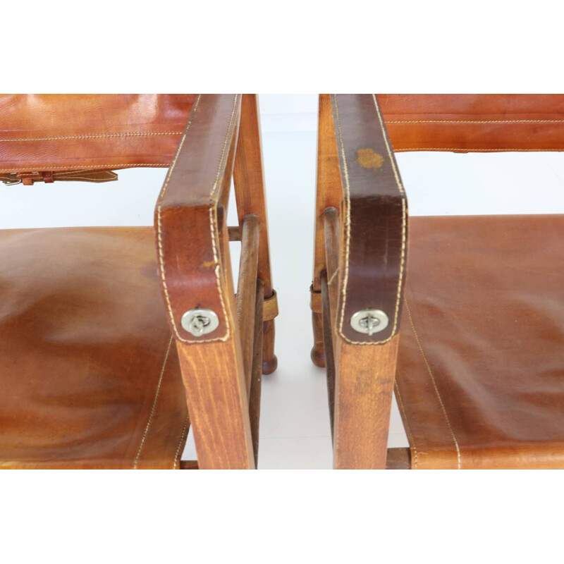 Vintage set of 3 safari chairs in leather 