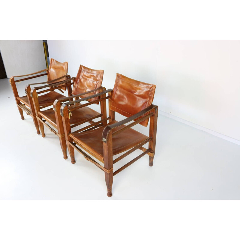 Vintage set of 3 safari chairs in leather 
