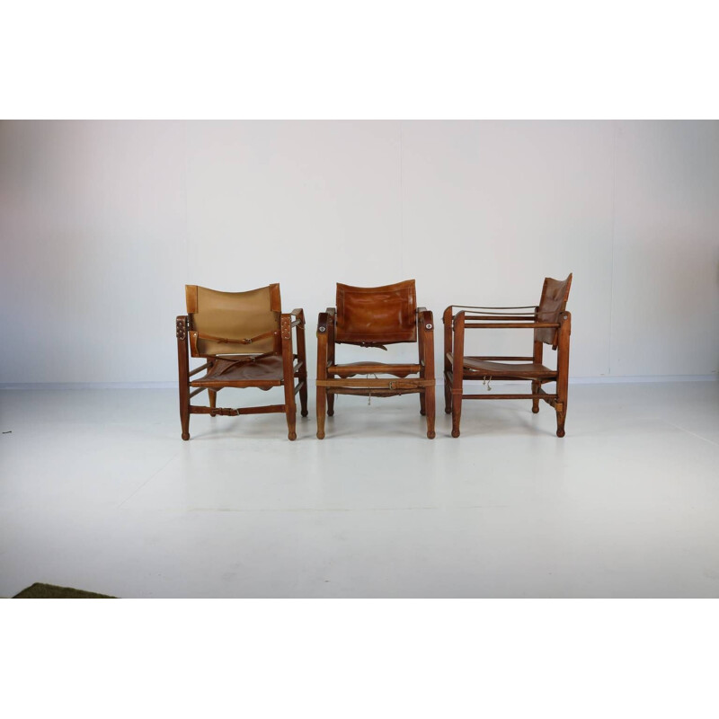 Vintage set of 3 safari chairs in leather 