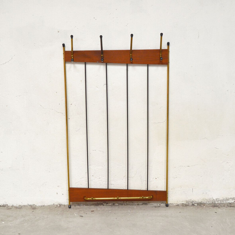 Vintage coat rack in wood and brass