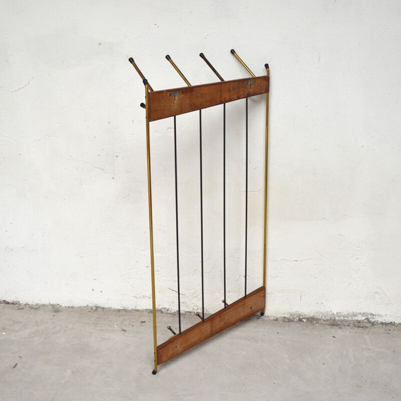 Vintage coat rack in wood and brass