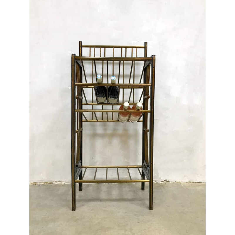 Vintage wine bottle rack in wood and brass