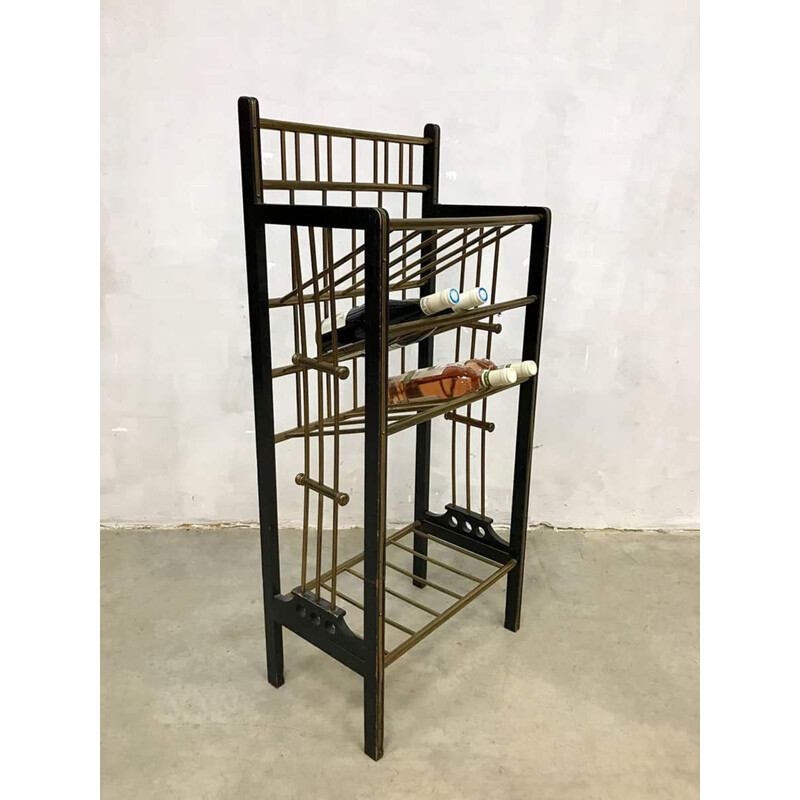 Vintage wine bottle rack in wood and brass