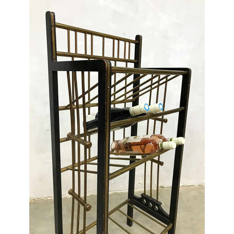 Vintage wine bottle rack in wood and brass