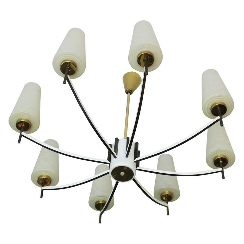Vintage white Italian chandelier in brass and glass 