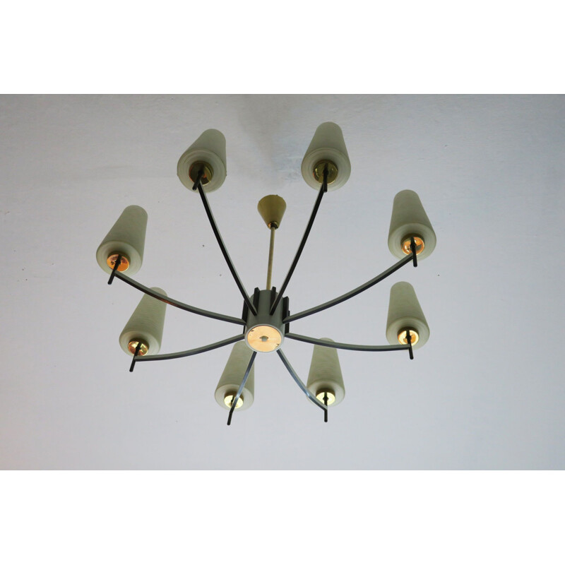 Vintage white Italian chandelier in brass and glass 