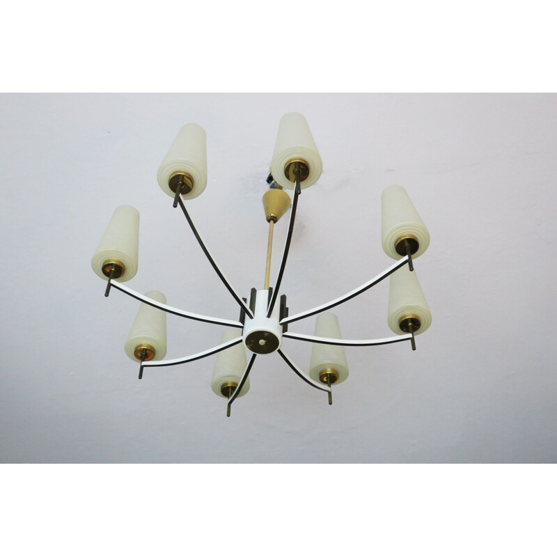 Lustre vintage blanc italien en laiton et verre