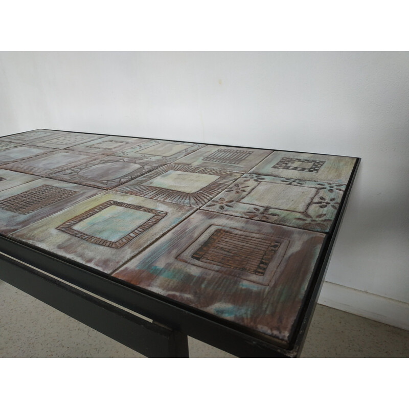 Vintage coffee table in ceramics and iron by Cloutier 