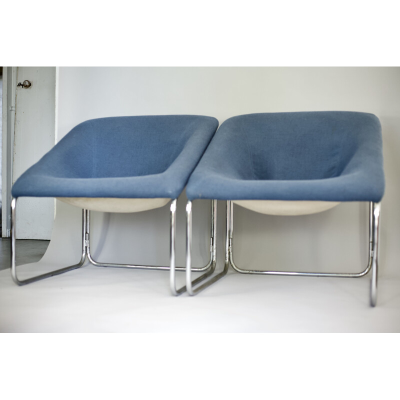 Blauwe vintage kubusvormige fauteuil
