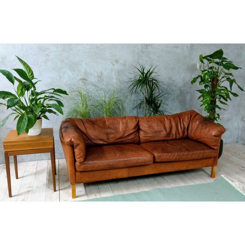 Canapé 2 places vintage en cuir brun par Mogens Hansen