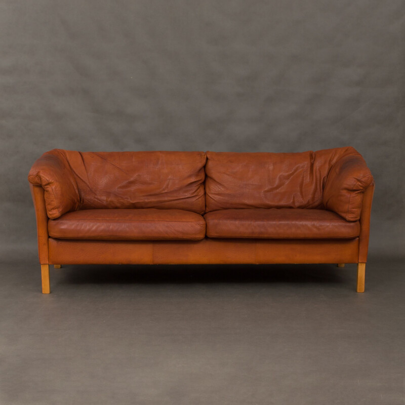 Canapé 2 places vintage en cuir brun par Mogens Hansen
