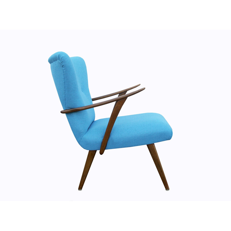 Overeenkomend makkelijk te gebruiken Krimpen Vintage fauteuil in hout en lichtblauwe stof