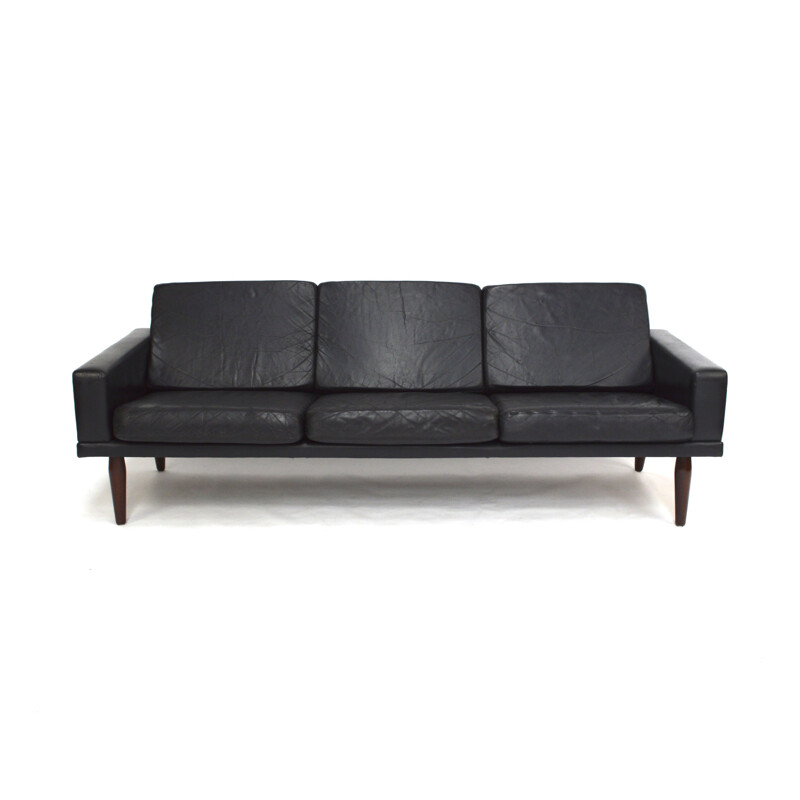 Living room set in black leather and teak by Bovenkamp